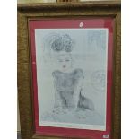 AN INDISTINCTLY SIGNED LIMTED EDITION COLOUR PRINT OF A HOLLYWOOD STARLET, 64 x 44cm