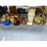 SALTGLAZE JARS, LE CREUSET PANS AND A STONE WARE WATER FILTER