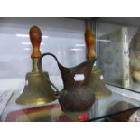 TWO WAR DEPARTMENT HAND BELLS TOGETHER WITH A TRENCH ART JUG