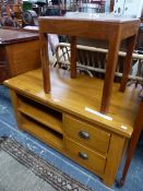 A HEAVY OAK LOW SIDE CABINET. W 100 X D 50 X H 52CMS, AND A MAHOGANY ART DECO STOOL.