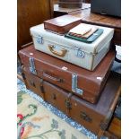A WOOD SLATED TRUNK, SUITCASES ETC.
