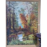20th CENTURY SCHOOL. A WOODED RIVER LANDSCAPE, SIGNED INDISTINCTLY OIL ON CANVAS 124 x 90 cm