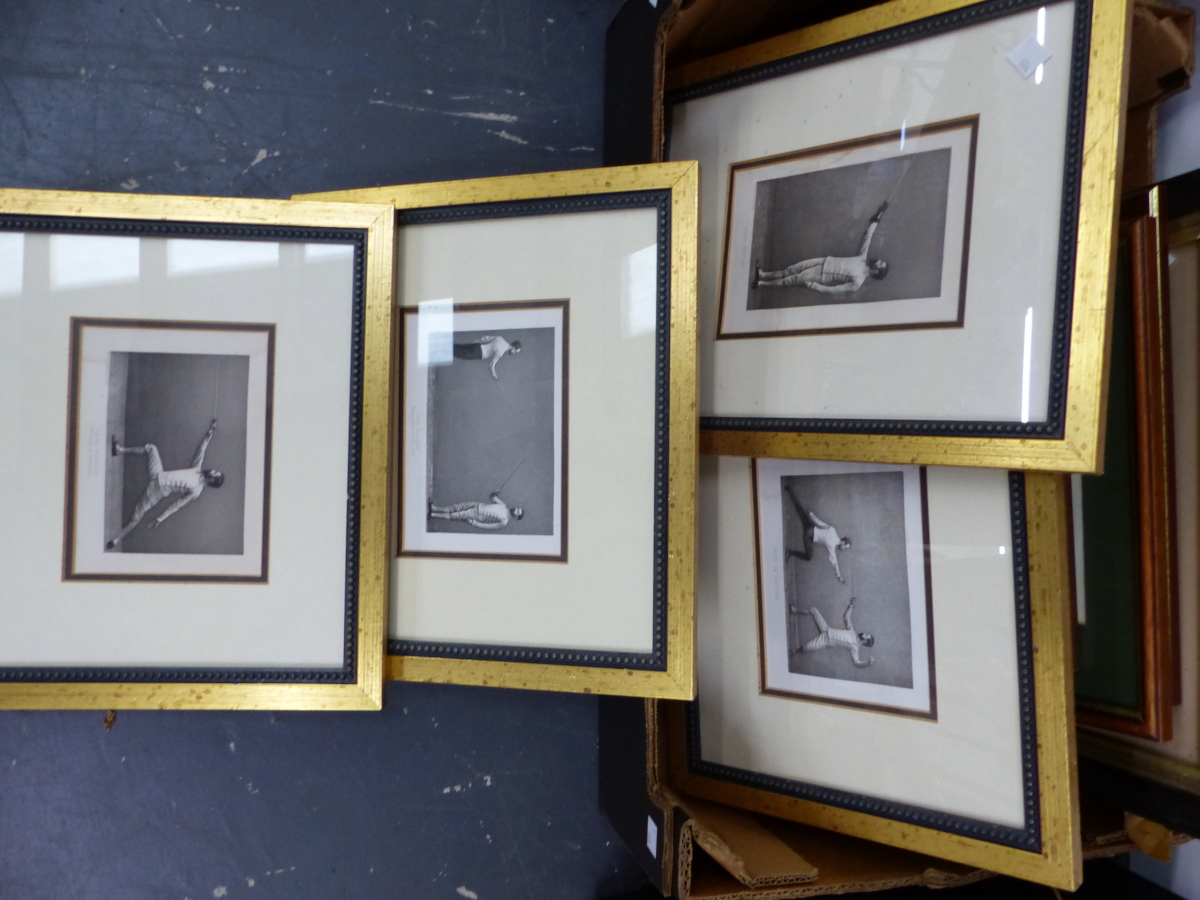 A GROUP OF ANTIQUE AND LATER DECORATIVE PICTURES, INCLUDING FENCING SCENES, SPORTING SUBJECTS, BIRDS