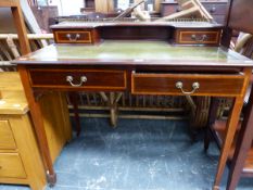 AN EDWARDIAN MAHOGANY AND INLAID SMALL WRITING DESK. W 92 X D 53 X H 84CMS.