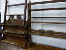 A WILLIAM IV MAHOGANY SMALL OPEN SHELF UNIT, TWO PINE PLATE RACKS, AND ONE OTHER.