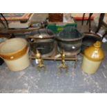 THREE COPPER COAL SCUTTLES, BRASS ANDIRONS AND A FOOTMAN, A TWO TONE STONEWARE FLASK AND POT