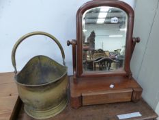 A SWING MIRROR AND A BRASS COAL SCUTTLE.