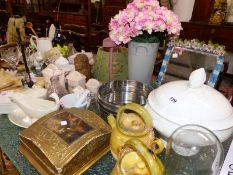 FRENCH STORAGE JARS, A SOUP TUREEN, A MIRROR, GLASS FLY CATCHER, ETC