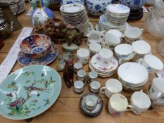 A DRESDEN BOTTLE VASE, TEA AND COFFEE WARES, AN IMARI PLATE AND BOWL TOGETHER WITH A CELADON