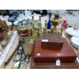 BRASS CANDLESTICKS, STRAPS OF HORSE BRASSES, CUTLERY BOXES AND AN OIL LAMP