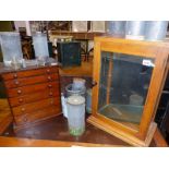 AN ANTIQUE EGG SPECIMEN COLLECTORS CHEST, VACANT, A GLAZED DISPLAY CASE AND VARIOUS ETYMOLOGY