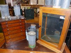 AN ANTIQUE EGG SPECIMEN COLLECTORS CHEST, VACANT, A GLAZED DISPLAY CASE AND VARIOUS ETYMOLOGY