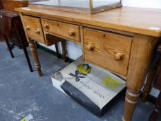 AN ANTIQUE PINE SIDE TABLE WITH THREE DRAWERS. W 122 X D 50 X H 79CMS.