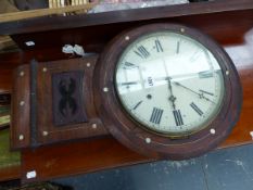 A VICTORIAN INLAID WALL CLOCK AND A MODERN WALL CLOCK.