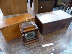 A VICTORIAN MAHOGANY AND BRASS INLAID WRITING BOX, A SMITHS BRACKET CLOCK AND A MAHOGANY BOX.