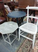 TWO PAINTED OCCASIONAL TABLES AND A BEDROOM CHAIR.