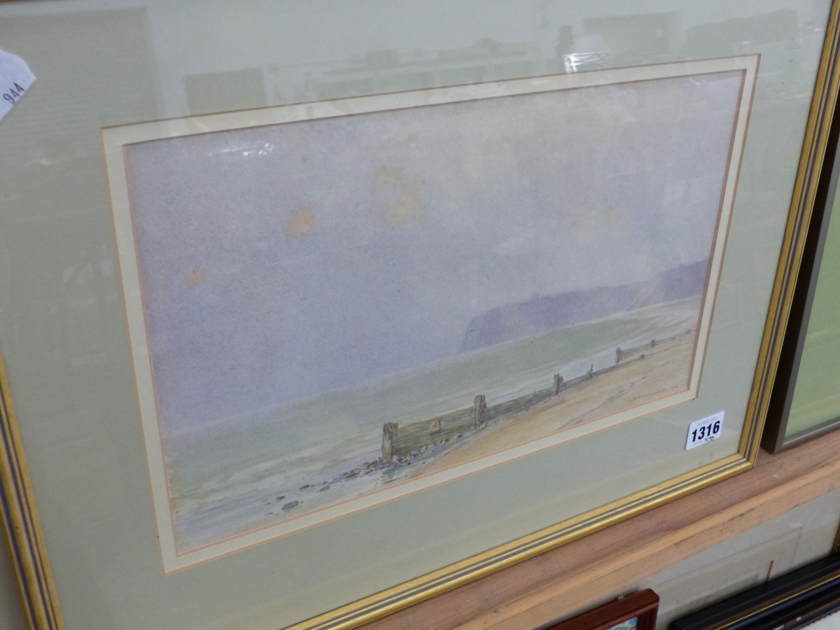 A P WINTERINGHAM (20TH CENTURY ENGLISH SCHOOL) A COASTAL VIEW, SIGNED WATERCOLOUR, 20 x 33cm,