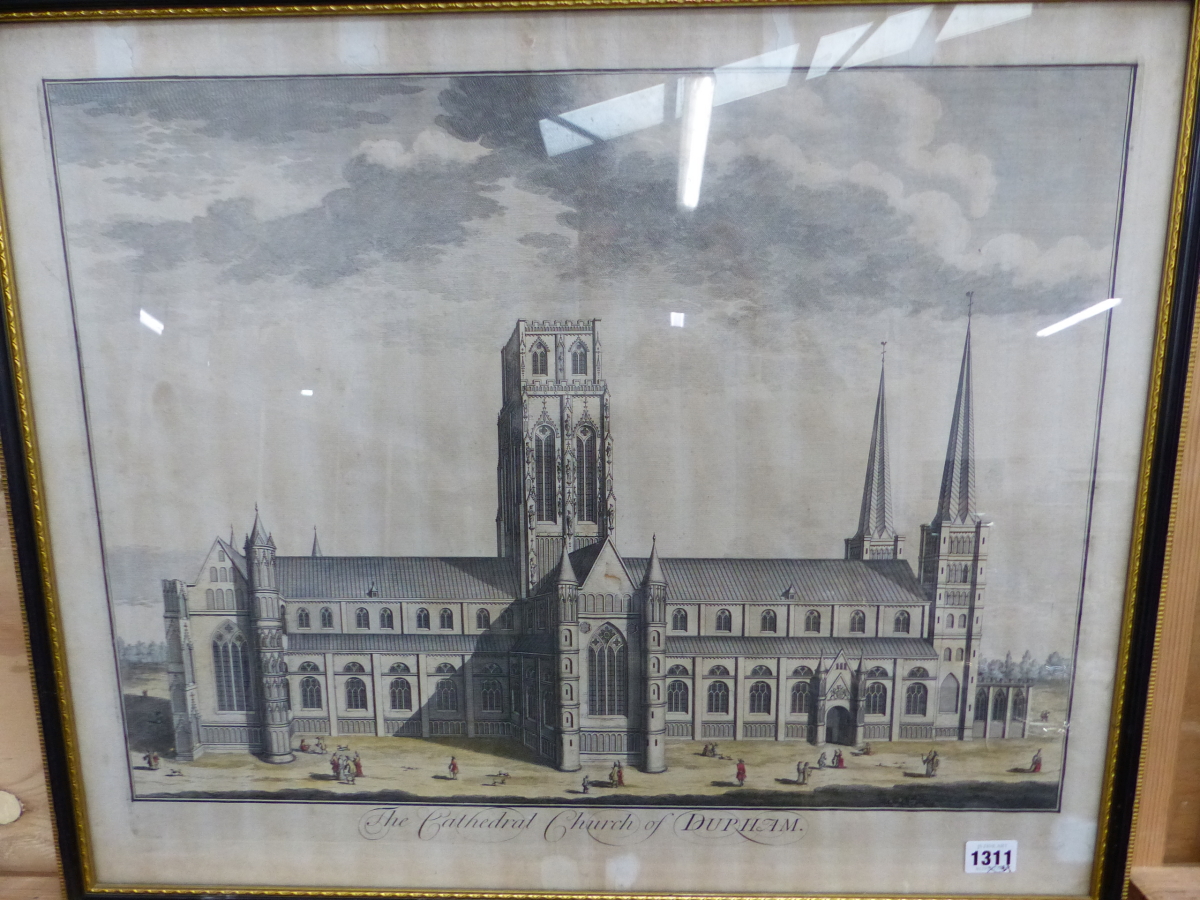 AN 18TH CENTURY HAND COLOURED PRINT OF DURHAM CATHEDRAL, 51 x 63cm, TOGETHER WITH AN ANTIQUE MAP OF - Image 3 of 3