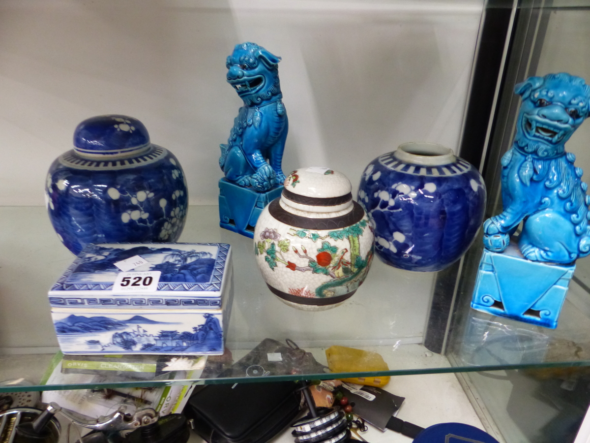 THREE CHINESE GINGER JARS, A PAIR OF TURQUOISE LIONS, A FAMILLE ROSE SAUCER ON GLASS STAND AND A