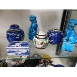 THREE CHINESE GINGER JARS, A PAIR OF TURQUOISE LIONS, A FAMILLE ROSE SAUCER ON GLASS STAND AND A
