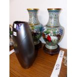 A PAIR OF CHINESE CLOISONNE BALUSTER VASES ON WOOD STANDS TOGETHER WITH A POOLE BLACK LUSTROUS