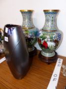 A PAIR OF CHINESE CLOISONNE BALUSTER VASES ON WOOD STANDS TOGETHER WITH A POOLE BLACK LUSTROUS