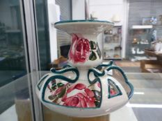 A RARE WEMYSS WARE CHAMBERSTICK, A PAIR OF SMALL DISHES, A SQUARE DISH WITH BEE DECORATION AND A