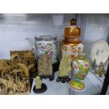 A CANTON TEA POT, KUTANI VASE AND VARIOUS CHINESE SOAPSTONE FIGUIRES