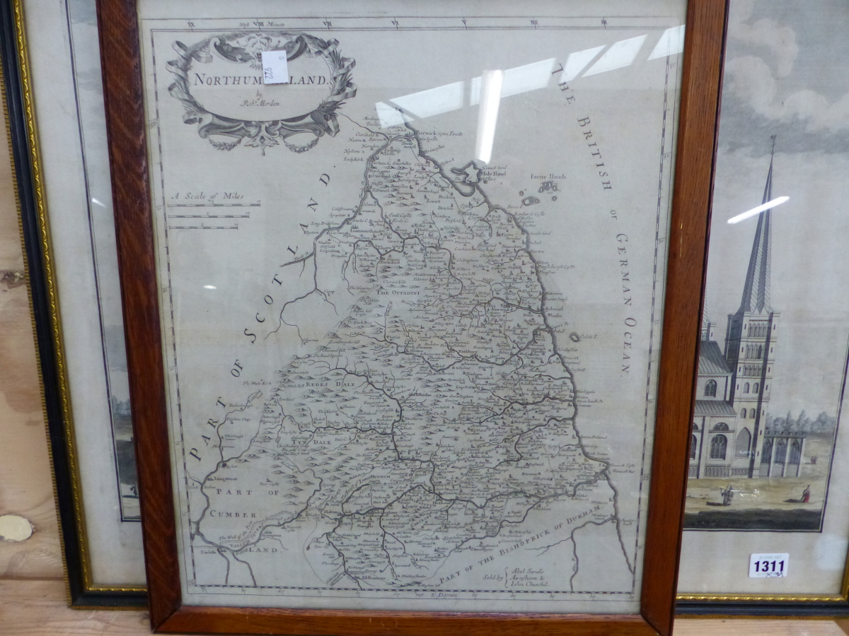 AN 18TH CENTURY HAND COLOURED PRINT OF DURHAM CATHEDRAL, 51 x 63cm, TOGETHER WITH AN ANTIQUE MAP OF - Image 2 of 3