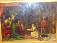 A LATE VICTORIAN GILT FRAMED COLOUR PRINT OF A HISTORICAL ROYAL COURT SCENE, 69 x 97 cm