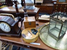 AN EDWARDIAN MAHOGANY INLAID MANTLE CLOCK, TWO TRIPOD TABLE BASES, A MANDOLIN, A BRASS HALL