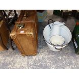 A SUITCASE, TWO ENAMELLED BOWLS AND A JUG