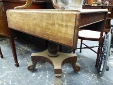 A 19TH C. MAHOGANY PEDESTAL PEMBROKE TABLE ON TALL CARVED FEET. W 92 X H 79.
