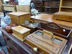 TWO VICTORIAN DESK STANDS, A MAHOGANY CUTLERY TRAY, TWO BIRD FIGURES, A PINE BOX CONTAINING TOYS,