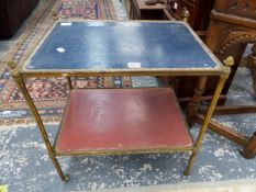 A SMALL ANTIQUE BRASS FRAMED TWO TIER OCCASIONAL TABLE.