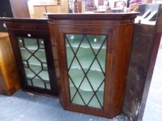 THREE GEORGIAN MAHOGANY GLAZED CORNER CABINETS, LARGEST W 79 X D 48 X H 110CMS.