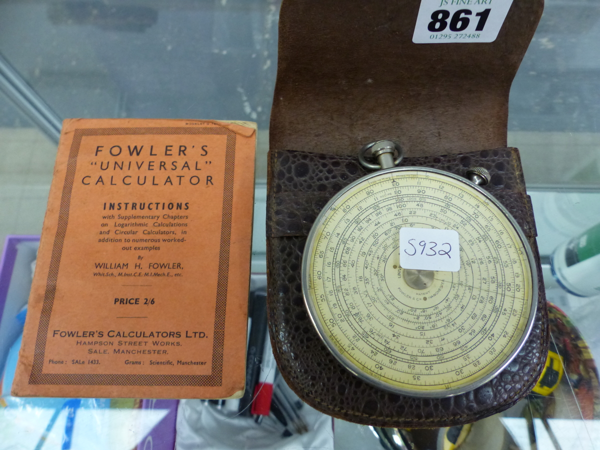 A FOWLERS UNIVERSAL CALCULATOR IN ORIGINAL POUCH WITH INSTRUCTIONS.