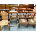 A VINTAGE PINE CHALET CHAIR, A SET OF FIVE WILLIAM IV DINING CHAIRS, AND TWO OTHERS.