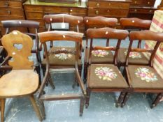 A VINTAGE PINE CHALET CHAIR, A SET OF FIVE WILLIAM IV DINING CHAIRS, AND TWO OTHERS.