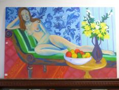 CONTEMPORARY SCHOOL, RECLINING NUDE, OIL ON CANVAS UNFRAMED 100 x 142cm