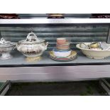A BOAT PRINTED POTTERY SOUP TUREEN, MATCHING WARES, DOULTON SOUP BOWLS AND STEELITE TEA WARES