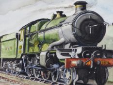 20th CENTURY ENGLISH SCHOOL A WATERCOLOUR OF A STEAM LOCOMOTIVE INITIALLED AND INSCRIBED, UNFRAMED