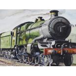 20th CENTURY ENGLISH SCHOOL A WATERCOLOUR OF A STEAM LOCOMOTIVE INITIALLED AND INSCRIBED, UNFRAMED