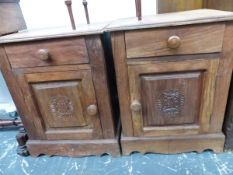 A PAIR OF HARDWOOD CARVED FRONTS BEDSIDE CABINETS. W 47 X D 39 X H 60CMS.