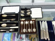 A GROUP OF HALLMARKED SILVER CASED CUTLERY.