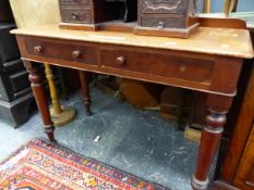 A TWO DRAWER MAHOGANY WRITING TABLE/ DESK W 106 X D 49 X H79 CM