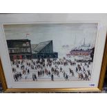 A COLLECTION OF FURNISHING PICTURES INCLUDING TWO AFTER LOWRY, PLUS WATERCOLOUR ETCHINGS ETC.