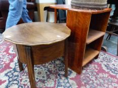 AN ART DECO SHELVED SIDE UNIT AND A SEWING BOX.