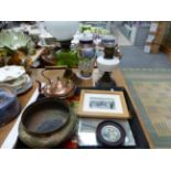 TWO OIL LAMPS, A COPPER KETTLE, A BOWL, A TRAY AND TWO PRINTS