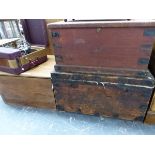 THREE ANTIQUE PINE BOXES. MID SIZE W 76 X D 67 X H 46CMS.